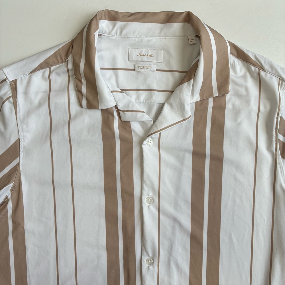Porter & Ash Mens Large White Gold Striped Kinetic Stretch Short Sleeve Shirt